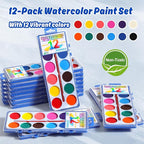 12 Packs Watercolor Paint Set Bulk, 12 Vibrant Colors Washable Watercolors with Brushes for Kids, Art Activities Painting Supplies for School Classroom Home