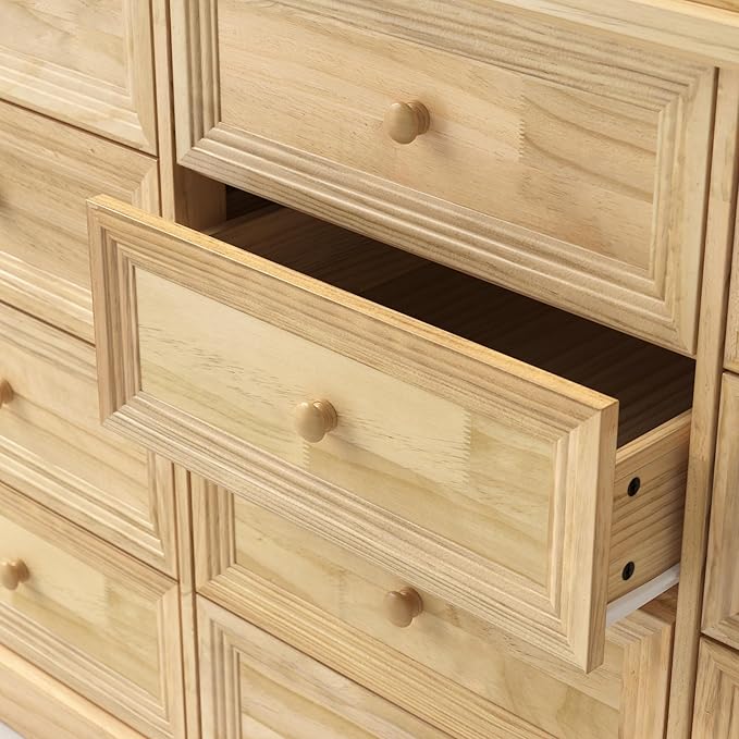 Homsee Baby Changing Table Dresser, 100% Solid Wood Infant Diaper Changing Station Combo, 12-Drawer Baby Nursery Dresser with Removable Tray for Children's Room Bedroom, Nature Color