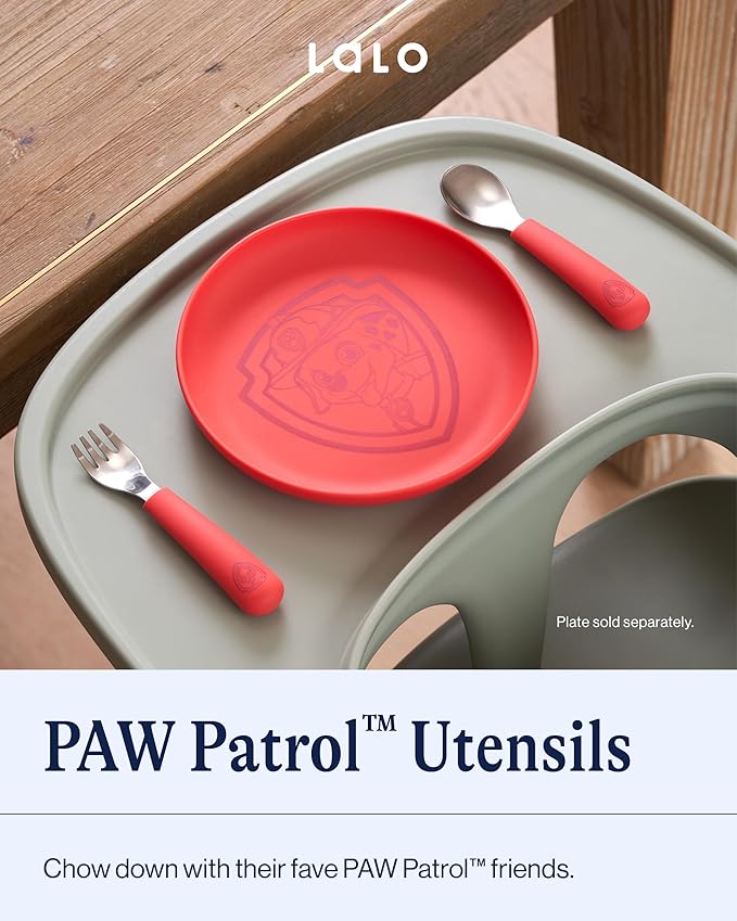 Lalo PAW Patrol Utensils - Toddler Fork and Spoon Set - Stainless Steel and Silicone Ergonomic Toddler Utensils - Children Safe Flatware Set - 2 Pieces - Marshall