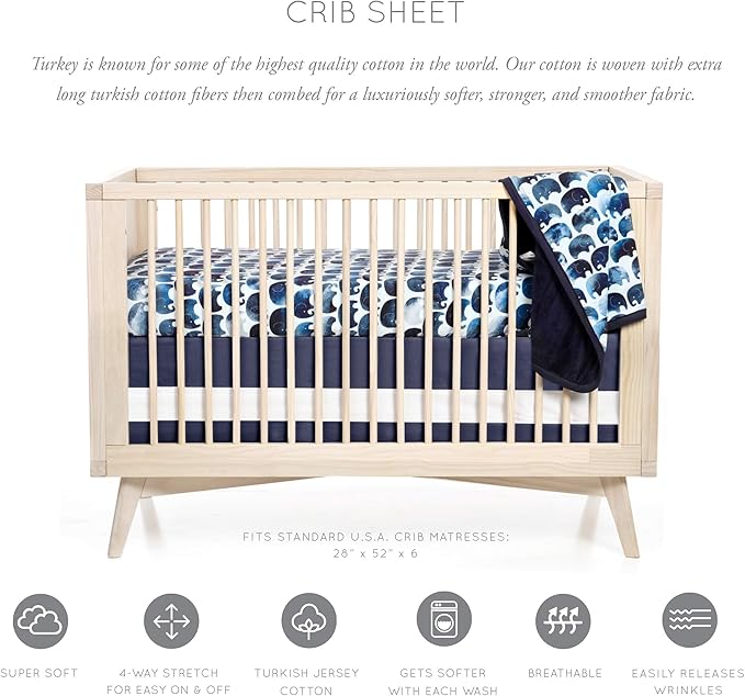 Oilo Crib Sheet, Breathable, Fitted, Turkish Cotton Jersey, 300 Thread Count, Machine Washable, Fits Standard Crib (28" x 52" x 6"), Toddler Bedding, Girl, Boy, & Neutral Nursery Design, Elephant