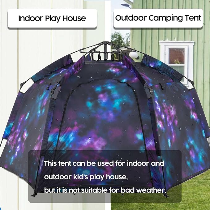 Portable Hexagon Kids Play Tent with LED Strip Lights Indoor Children Play House Easy Set-up Space Dream Tent for Night.4-5 Person Large Tents & Birthday Gifts
