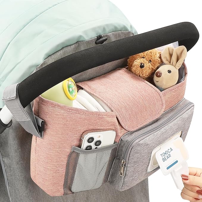 Accmor Universal Stroller Organizer with Insulated Cup Holder, Stroller Caddy Bag Accessories, Stroller Cup Holder Organizer for Uppababy Baby Jogger Britax Stroller, Pink