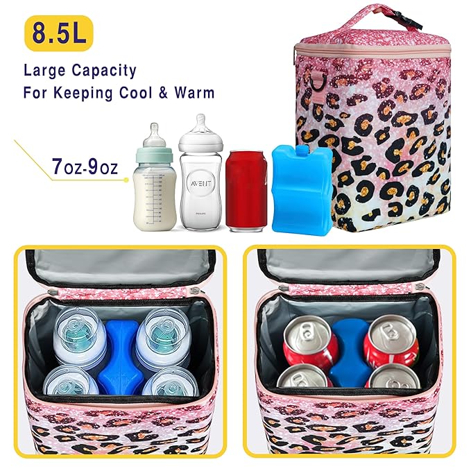 Breastmilk Cooler Bag with Ice Pack Fits 4 Bottles Up to 9 Ounce - Insulated Baby Bottle Cooler on The Go with Strap for Nursing Mom, Daycare or Travel
