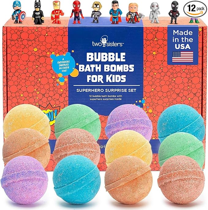 Superhero Boys Bath Bombs with Surprise Hero Toys Inside (12 Pack) - Large Bubble Bomb, Fruity Scents, Relaxing Aromas - Ideal Birthday Gift for Kids by Two Sisters