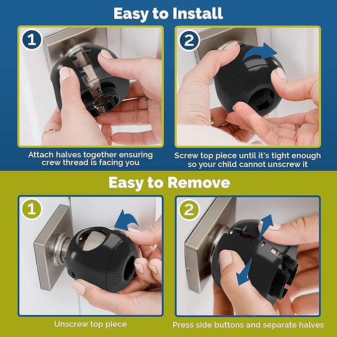 Door Knob Safety Cover for Toddlers (6 Pack) Hard-to-Remove Dual-Lock Door Handle Covers for Toddlers - Reusable Baby Proof Door Knob Locks - Installs Easily, No Tools Needed (Black)