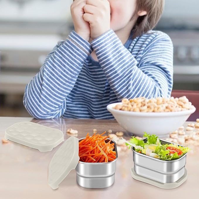 HaWare Stainless Steel Snack Containers for Toddlers and Kids, 8 oz Leak Proof Food Storage Containers with Khaki Silicone Lids, Stackable Small Metal Lunch Box for Daycare and School- 3 Packs