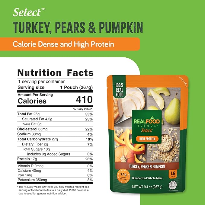 Real Food Blends Select Turkey, Pears & Pumpkin – Pureed Food Meal for Feeding Tubes, 9.4 oz Pouch (Pack of 12 Pouches)