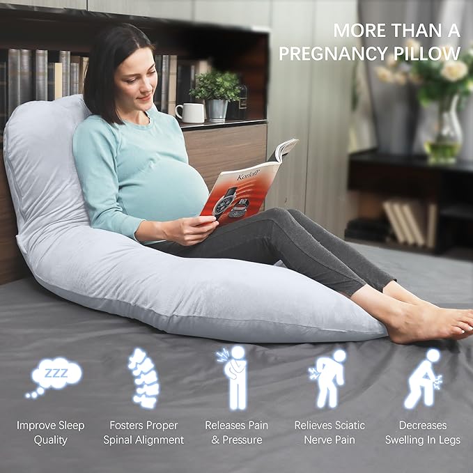 MOON PARK Pregnancy Pillows for Sleeping - U Shaped Full Body Maternity Pillow with Removable Cover - Support for Back, Legs, Belly, HIPS - 65 Inch - Light Grey
