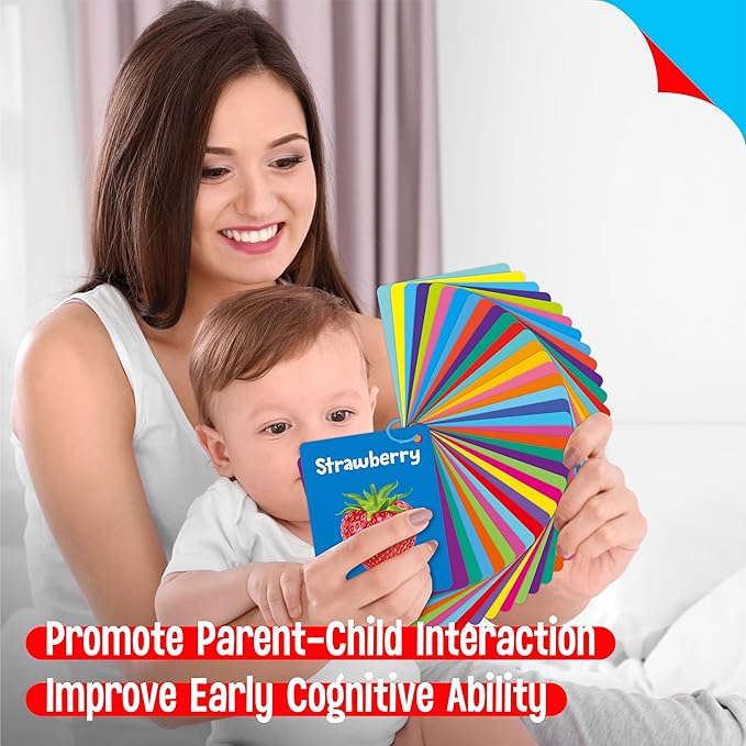 50 PCS Early Learning Flashcards, 7 in 1 Double Sided Cards- Alphabet, Numbers, Foods, Animals, Shapes, Colors with 2 Reclosable Rings, Learning Tool for Pre-K Kindergarten Toddlers