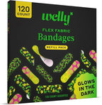 Welly Bandage Glow-in-The-Dark Refill Pack | Adhesive Flexible Fabric Bandages | Assorted Shapes and Patterns for Minor Cuts, Scrapes, and Wounds - 120 Count