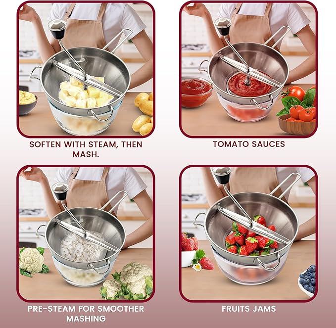 Food Mill with 3 Grinding Milling Discs,Bowl & Milling Handle Safe Stainless Steel meal grinder Perfect food mill for tomato, Potato Masher, Vegetable Chopper, Baby Food Processor (Silver)