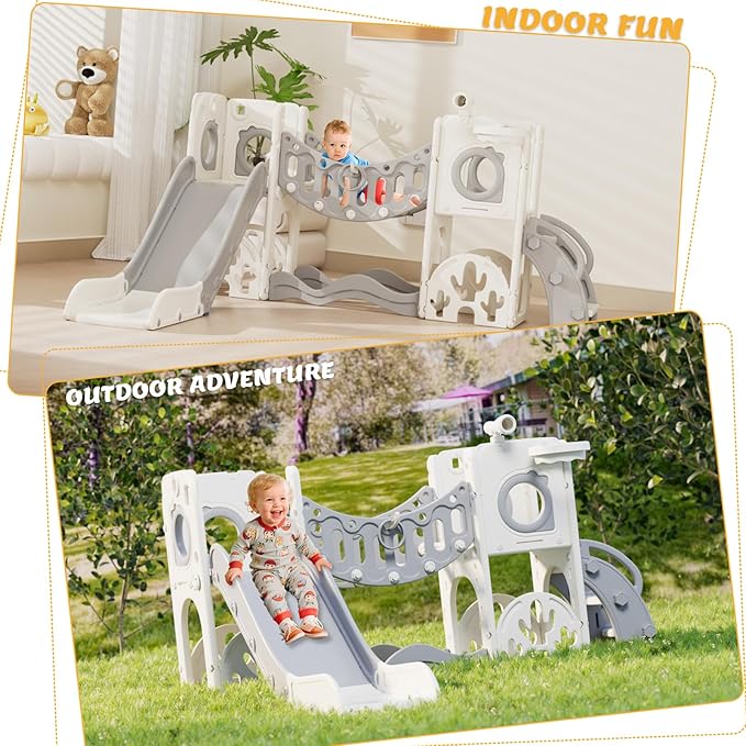 KORIMEFA 10 in 1 Toddler Slide Set, Kids Slide for Toddlers, Outdoor Indoor Playground for Toddlers 1-3, Toddler PlaySet with Basketball Hoop and Ball Golf Set, Climbing Arch(Grey)