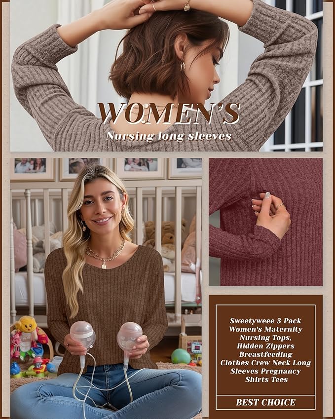 3 Pack Women's Nursing Long Sleeve Tops Breastfeeding Thermal Sweaters with Hidden Zipper Maternity Ribbed Shirts