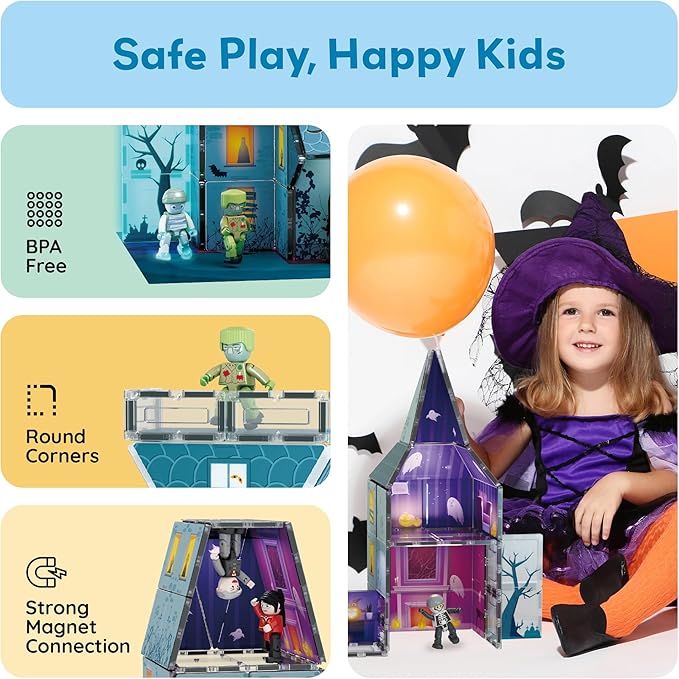PicassoTiles Haunted House Theme Magnet Tile Building Blocks 8 Action Figures Magnetic Construction Toy Double Sided Printing Education STEM Learning Playset Halloween Adventure Kid Ages 3+ PTQ03
