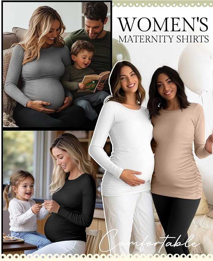 Ficerd 4 Pack Women's Maternity Shirts Cotton Long Sleeve Ribbed Crew Neck Pregnancy Tops Side Ruched Casual Mama Clothes