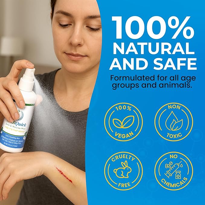 MediQuick Antiseptic Spray Mist 4 Fl Oz | Skin & Wound Repair First Aid Spray for Burns & Cuts with 12 Hour Action | Helps Heal Acne Rash Eczema Itch Bites & More | Safe Wound Wash with No Sting