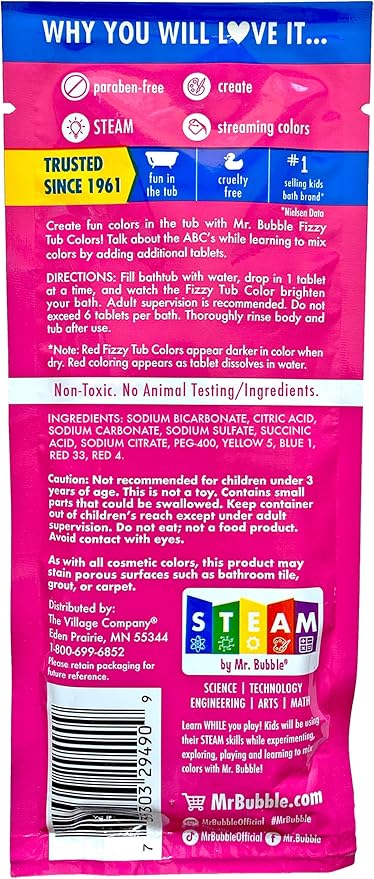 Mr. Bubble Fizzy Tub Colors Bath Water Coloring Tabelets, 6 Bright Colors, Red, Orange, Yellow, Purple, Blue and Green, Fragrance Free (12 Packets, 9 Tablets Each)