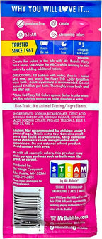Mr. Bubble Fizzy Tub Colors Bath Water Coloring Tabelets, 6 Bright Colors, Red, Orange, Yellow, Purple, Blue and Green, Fragrance Free (12 Packets, 9 Tablets Each)
