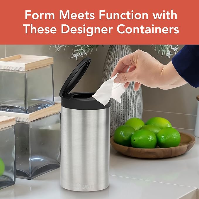 Spectrum Disinfecting Wipes Container Satin Nickel Refillable Stainless Steel Wipe Holder for Bathroom Kitchen School Classroom, Reuseable Push Button Wet Wipe Dispenser for Cleaning Countertop