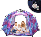 Portable Hexagon Kids Play Tent with LED Strip Lights Indoor Children Play House Easy Set-up Space Large Dream Tent for Night 4-5 Person & Birthday Gifts