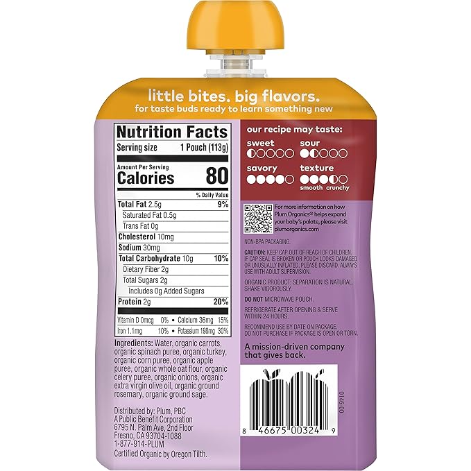 Plum Organics Stage 3 Organic Baby Food - Carrot, Spinach, Turkey, Corn, Apple, and Oat - 4 oz Pouch (Pack of 6) - Organic Baby Food Pouch