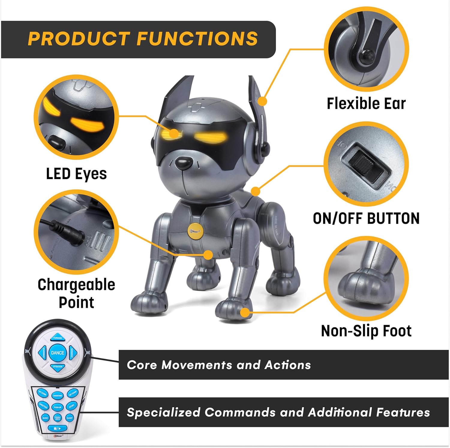 Top Race Robot Dog Toy - Interactive Fun and Educational STEM Remote Control Robot Toy for Kids - Dances, Sits, Stands, Barks, Walks - Rechargeable - Plastic Pet Robot - Dark Grey