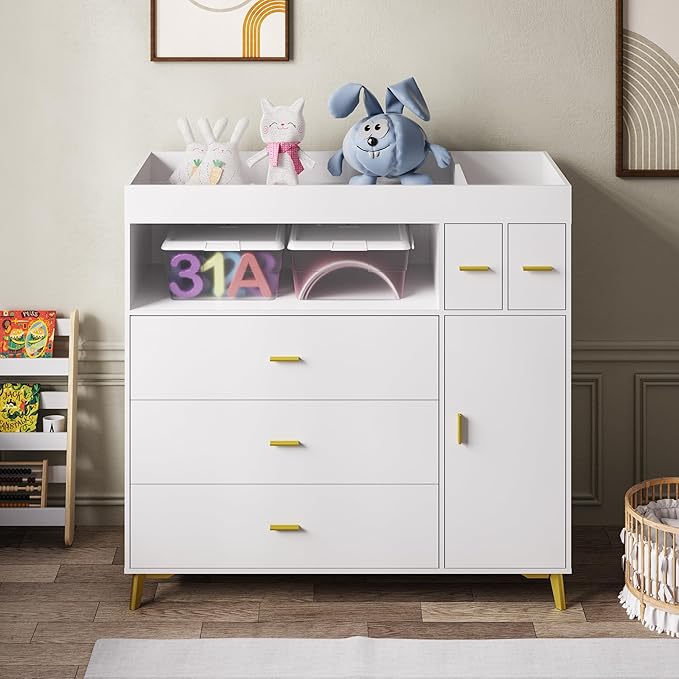 PAKASEPT Changing Table with Drawers, Changing Table Dresser with 5 Drawer & Cabinet