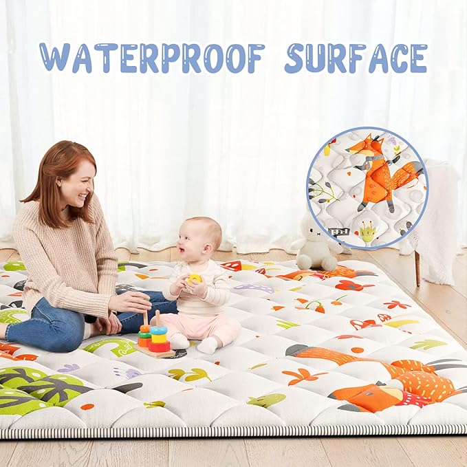 Baby Play Mat 71" X 59" Playpen Mat Upgraded Thicken Baby Floor Play Mat Non-Slip Cushioned Crawling Mat Waterproof Activity Playmats for Babies Toddlers Infants (71X59, Letter Fox)