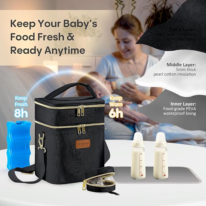 Breastmilk Cooler Bag with Ice Pack & Pacifier Case, Large Double Layer Insulated Baby Bottle Cooler Fits 6 Bottles, Breast Pump Storage Bag for Working Nursing Moms, with Gift Box