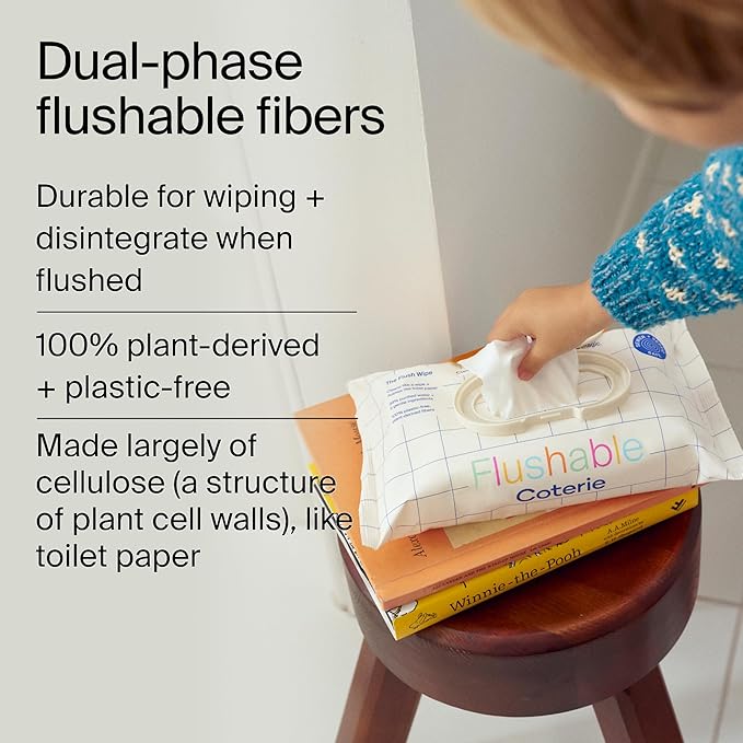 Coterie Flushable Wipes for Toddlers, Designed for Potty Training, Safe for Sensitive Skin, Hypoallergenic, 99% Water, Plant-Based, Fragrance Free, Sewer & Septic Safe, 16 Pack (448 Wipes)