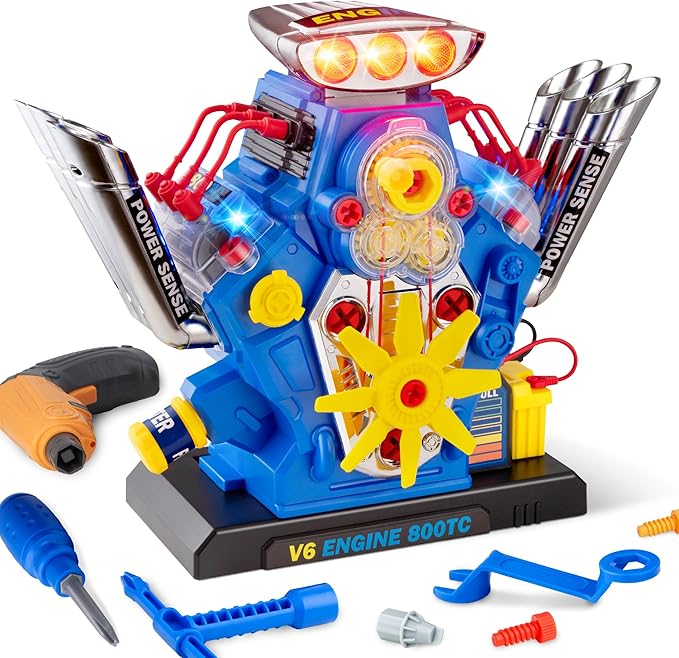 STEM New V6 Engine Model Building Kit，60-Piece Take Apart Toy with Realistic Lights & Sounds, Electric Drill & Tools - Mechanic Repair Playset for Kids Ages 3-5