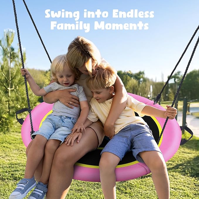 Hapfan 40" Saucer Tree Swing for Kids and Adults, Disc Round Swing for Kids Outdoor with Swivel, UV-Resistant Textilene Fabric, 700 lb Weight Capacity, 9.8 FT Hanging Straps, 2-Year Warranty(Pink)