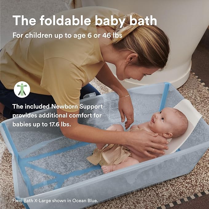 Stokke Flexi Bath X-Large Bundle, Sandy Beige - Spacious Baby Bathtub + Newborn Support - Lightweight, Foldable & Easy to Store - Best for Ages 0-6