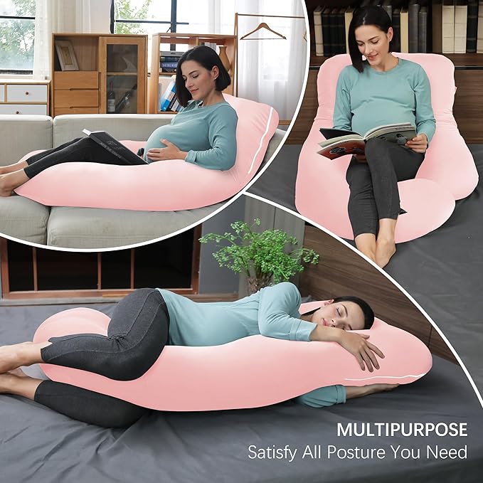 MOON PARK Pregnancy Pillows for Sleeping - U Shaped Full Body Maternity Pillow with Removable Cover - Support for Back, Legs, Belly, HIPS - 65 Inch - Pink - Cooling Cover