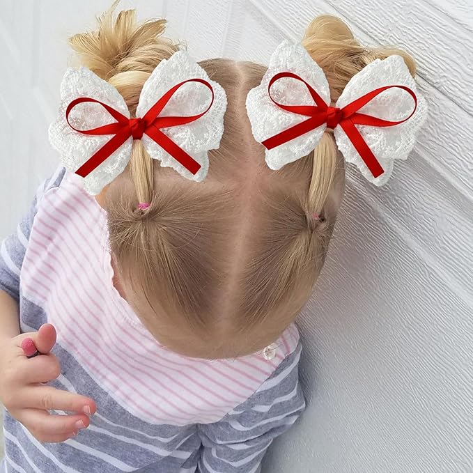 2pcs Lace Hair Bows for Girls, White Lace and Red Hair Ribbons, Alligator Bow Hair Clips, Handmade Hair Accessories for Girls