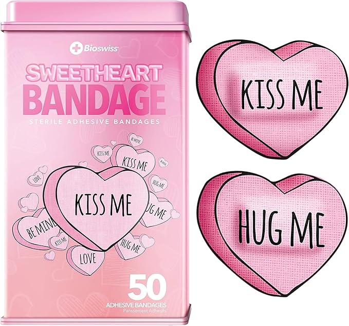 BioSwiss Bandages, Valentine Heart Shaped Self Adhesive Bandage, Latex Free Sterile Wound Care, Fun First Aid Kit Supplies for Kids, 50 Count