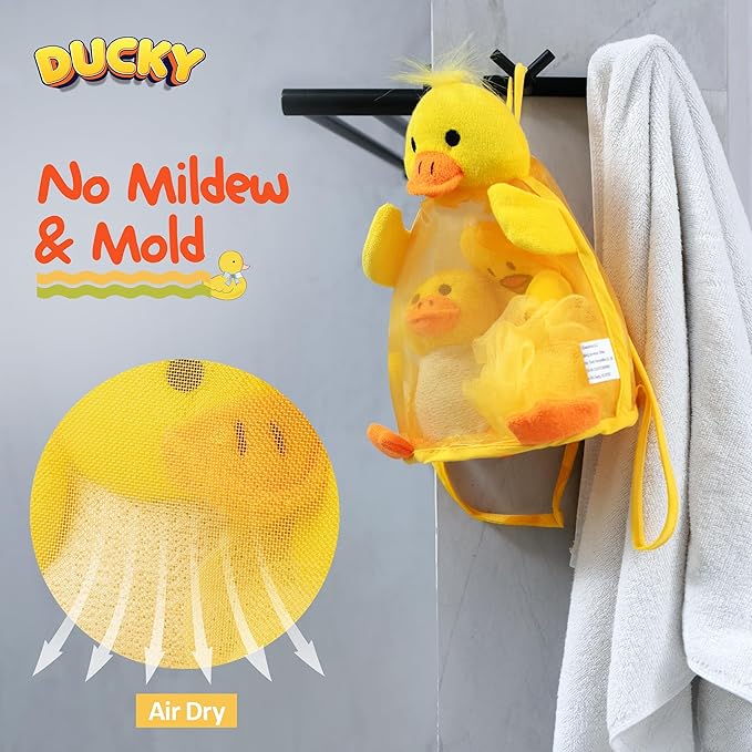 Ducky Scrub 'N Soak Baby Loofah for Bathing Set for Kids Body Scrubber Cute Cartoon Kids Loofah Bath Scrubber for Children Shower Washing Exfoliating, Baby Bath Sponge Yellow Duck Included