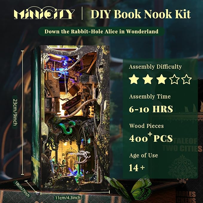 Book Nook Kit, 3D Wooden Puzzle Dollhouse Booknook, Gifts for Family, Lover (Down The Rabbit-Hole Alice in Wonderland)