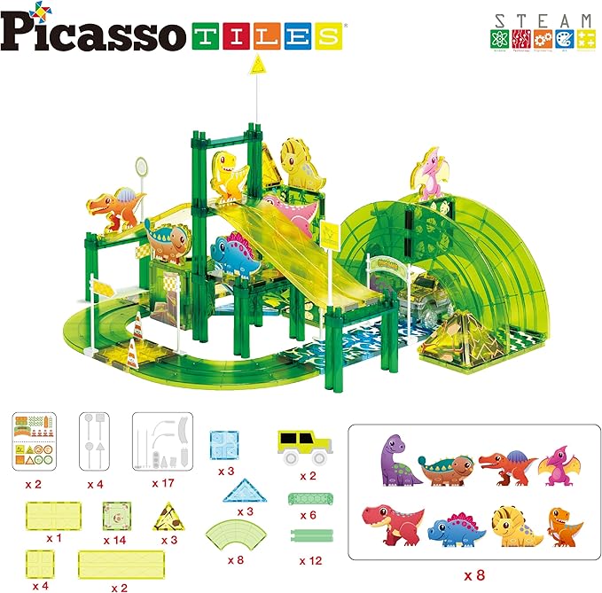 PicassoTiles Dinosaur Magnetic Tiles Racecar Track with 8 Magnet Tile Dino Toys 2 Cars Street Sign Accessory Kit Construction Building Blocks Educational Picasso Toy for Kids Ages 3 and up PTR02