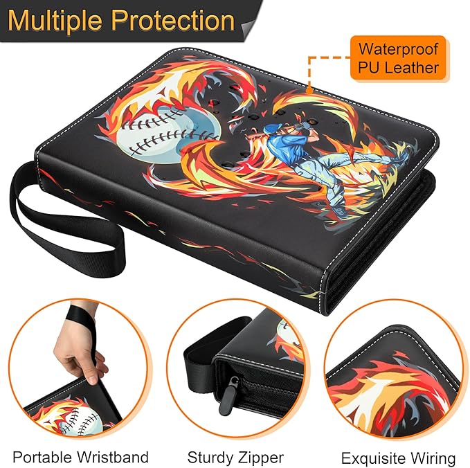 9 Pocket Baseball Card Binder Holder Fits 900 Cards with 50 Removable Sleeves, Trading Card Collection Binder Album Book Case Storage for Boys Girls Toys Gift (Flame 9 Pocket)