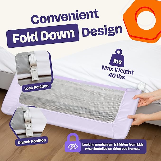 ComfyBumpy 1-Pack Bed Rail for Toddlers 35.5" L x 19.5" H | Toddler Bed Rails for Twin, Full & Toddler Bed Size | Swing Down Bed Rail Guard | Baby Bed Side Rail for Kids | Purple