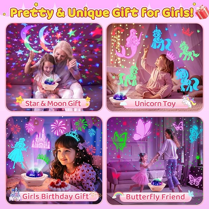 Girls Toys, 【6 Slides+96 Projections】Unicorn Night Light Projector,【Unicorn+Mermaid+Princess】Girls Toys 0-14,Star&Moon Projector for 3 Year Old Girl Gifts, Birthday Gifts,Juguetes para Niñas,Baby Gift