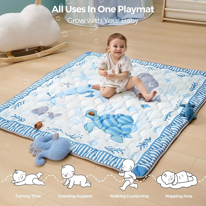 Momcozy Baby Play Mat for Floor, 50x50 Thickened Playpen Mat, Playmate for Baby Tummy Time, Waterproof & Non-Slip, Foldable Outdoor Mat with Carrying Handle, Ocean Theam
