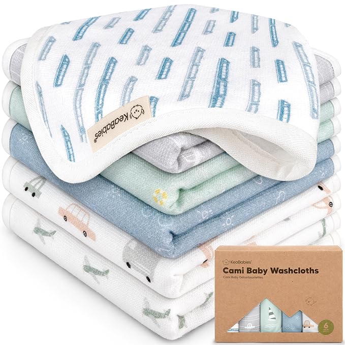 6-Pack Cotton Baby Washcloths for Newborn - Organic Cotton Muslin Soft Wash Cloths for Babies, Infant, Kids, Toddler Towels for Boy, Girl, Super Absorbent Face Cloths, Scratch-free Baby Rags (Vessels)