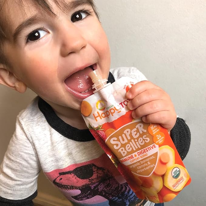 Happy Tot Organics Super Bellies Stage 4, Organics Banana, Carrot and Strawberry (Pack of 16) & Stage 4 Fiber & Protein 4 Flavor Variety Pack (Pack of 16)