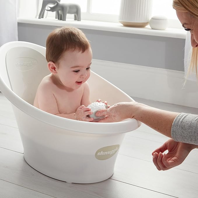 Shnuggle Newborn Baby Bath | Built in Support Bump and Soft Backrest | Suitable from Newborn | Bath Seat Support Includes Plug | White with Grey Backrest