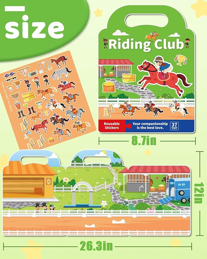 Benresive Reusable Sticker Book for Toddlers 2-4 Years, Fun Travel Stickers for Kids, Waterproof Sticker Books for Toddlers 1-3, Crafts Activities for Todddlers 1-3 2-4 3-5 - Riding