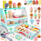 WHOHOLL Wooden Ice Cream Counter Playset for Toddler Girl Toys, Play Store Pretend Toy Food Play Kitchen Accessories with Fake Money & Coin, Gifts for 3+ Year Old Kids (Green)