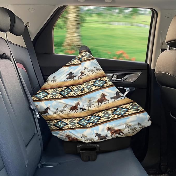 Binienty Car Seat Covers Canopy Cover for Babies, Western Aztec Horse Nursing Carseat Canopy Multifunction Breastfeeding Covers Fits Stroller, High Chair, Shopping Cart