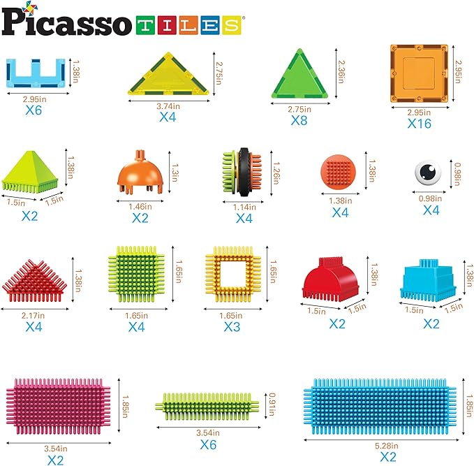 PicassoTiles Magnetic Tiles & Hedgehog 2-in1 Interlocking Brush Connector Magnet Building Blocks Construction Set Learning Playset STEM Toys Development Preschool Education Toy Toddler Age 3 Up PTE21